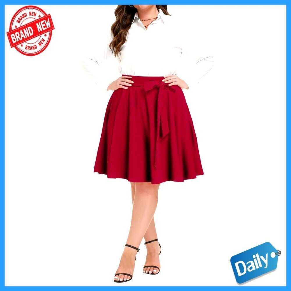 Plus Size Midi Skater Skirt High Waist A-Line Stretchy Flared with Pockets